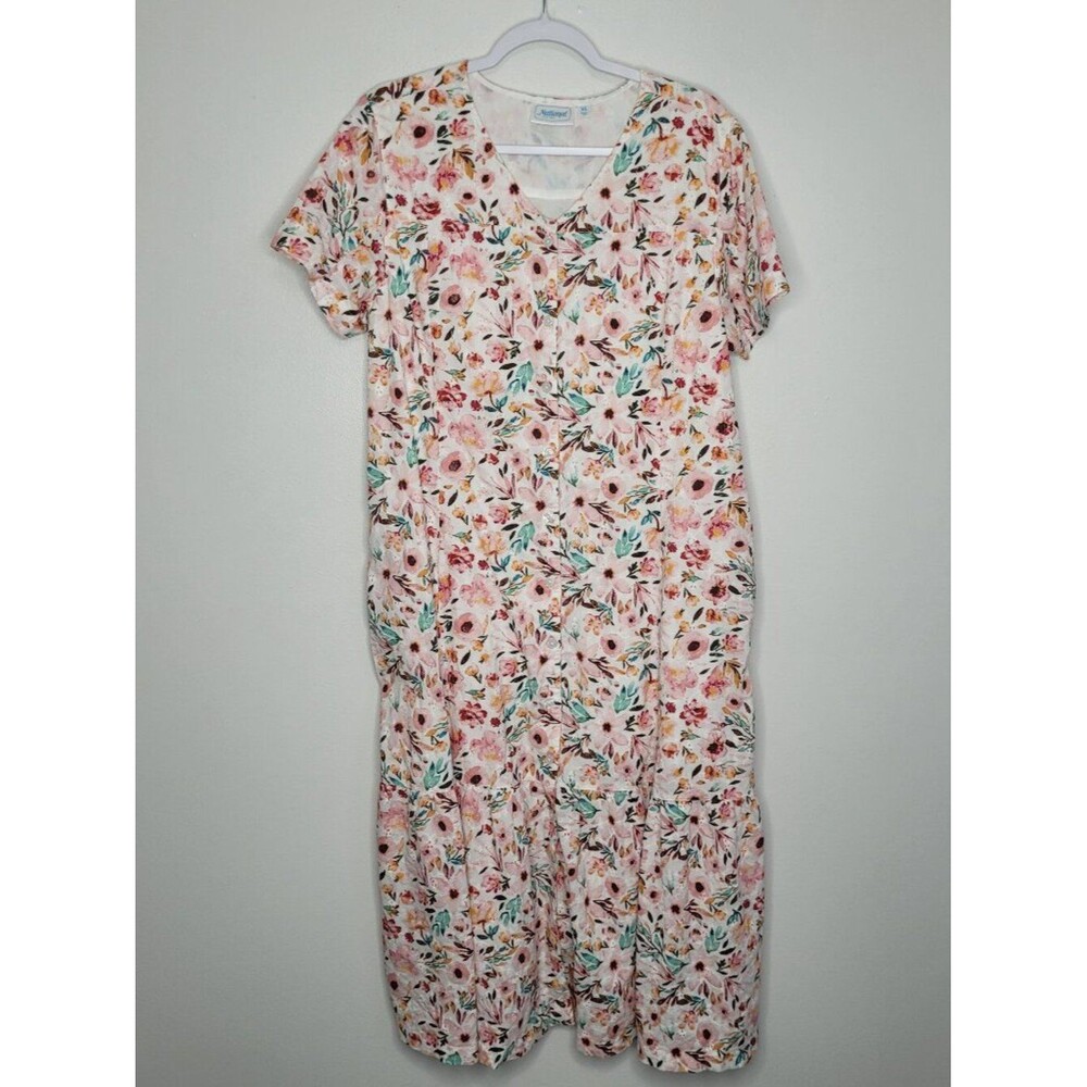 National pink floral cotton maxi button front house dress coat size xl pockets